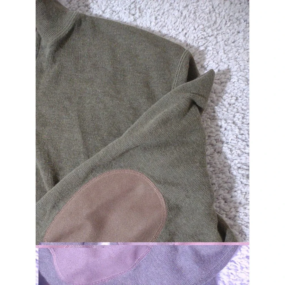 Cremieux Men’s Green Knit Sweater Xl Quarter Zip Long Sleeve Brown Elbow Patches